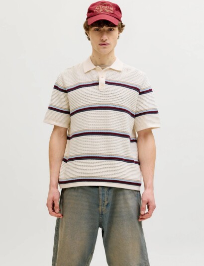 Jack & Jones Jormaine Knit Stripe Polo Sn   Cream   XL