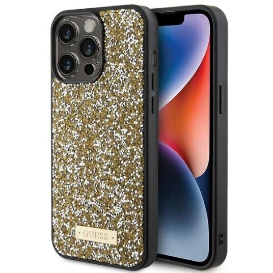 Guess Mobildeksel til iPhone 15 Pro 6,1" med Rhinestone Metalllogo - Gul