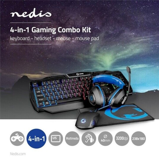 Nedis Gaming Combo Kit 4-I-1 Tastatur, Headset, Mus Og Musematte Blå / Sort Qwerty Usa Layout Nedis Gaming Combo Kit 4-I-1 Tastatur, Headset, Mus Og Musematte Blå / Sort Qwerty Usa Layout