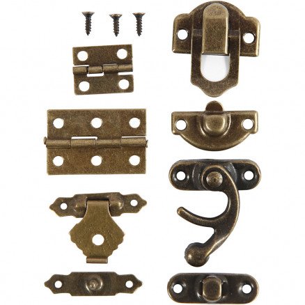 Diverse Minibeslag str 16x19-21,5x31 mm antikk gull 15 sett Diverse Minibeslag str 16x19-21,5x31 mm antikk gull 15 sett