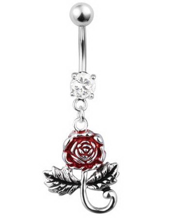 Navlepiercing med Rose Sølv/Svart/Rød Navlepiercing med Rose Sølv/Svart/Rød