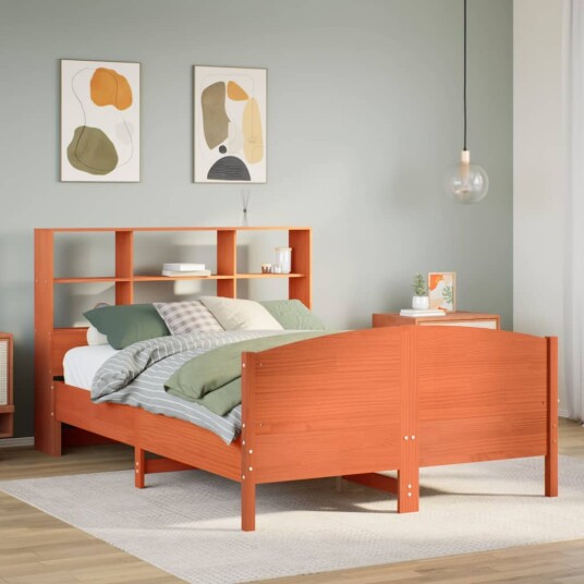  Seng med bokhylle uten madrass voksbrun 150x200 cm heltre furu 8721158618900