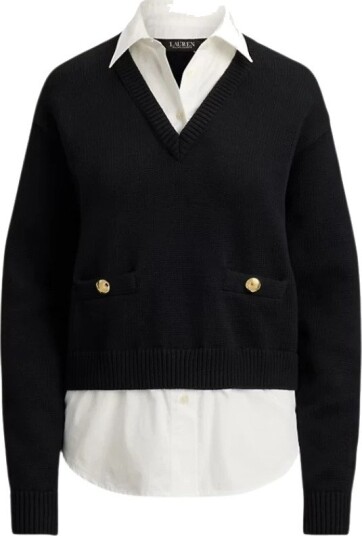 Lauren Ralph Lauren Layered Button Trim Cotton Sweater Black L