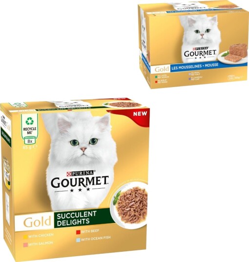 Gourmet Våtfôr Jumbopakke Gold + Fin Pâté Blandet Pakke På Kjøpet Saftige Fine Strimler Laks + Blandet Kjøtt Kanin Kalv Okse Kylling Lam Storfe Havfisk 96 X 85 G 24 X 85 G 96 X 85 G 24 X 85 G