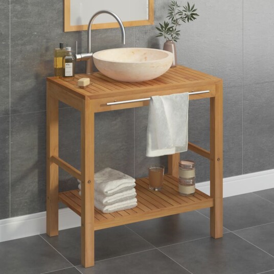 Baderomshylle heltre teak med vask marmor kremhvit