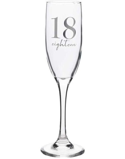 18 ÅR   Champagneglass med Sølvfarget Tekst i Gaveeske 22 cm