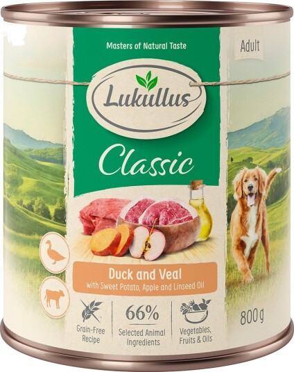 Lukullus Naturkost Adult Kornfri 6 X 800 G And Og Kalv Med Søtpoteter Eple Og Linolje
