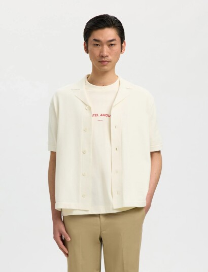 Selected Slhamour Intarsia Relaxed Polo Cardigan   Cream   XXL