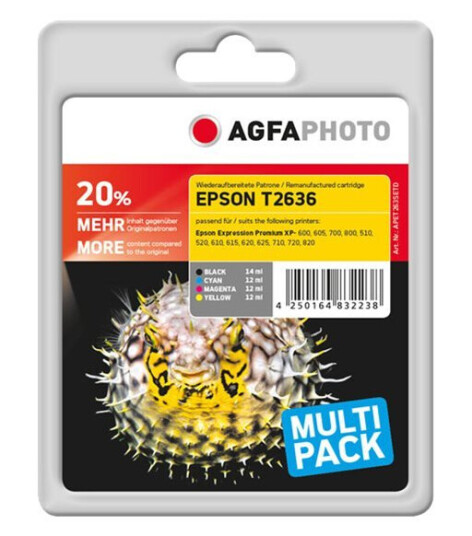 Agfaphoto Multi Pack - 4-Pack - Svart Gul Cyan Magenta - Kompatibel - Blister - Gjenfabrikert - Blekkpatron (Alternativ For: Epson 26Xl Epson C13t26364010 Epson T2636) - For Epson Expression Premium Xp-510 520 600 610 615 620 625 710 72