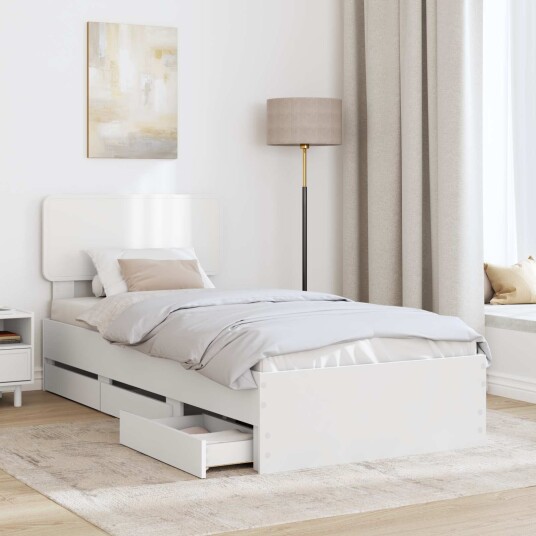 Sengestamme med skuff Hvit 90 x 200 cm Konstruert tre Sengestamme med skuff Hvit 90 x 200 cm Konstruert tre