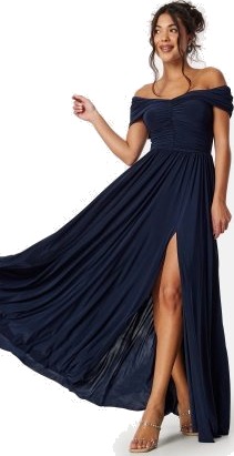 Goddiva Bardot Rouched Maxi Split Dress Navy M UK12 