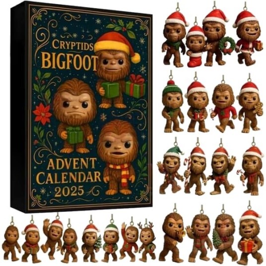 Kryptider Bigfoot Julekalender 2026 24 dagers nedtelling til jul med 2D flate Bigfoot hengepynt