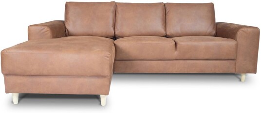 Nordic sofa med sjeselong venstrevent cognacfarget skinn.