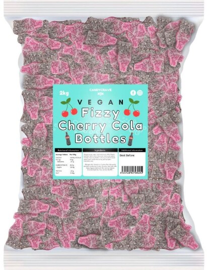 2 kg Candycrave Fizzy Cherry Cola Bottles   Stor Pose med Veganske Sure Kirsebær Colaflasker
