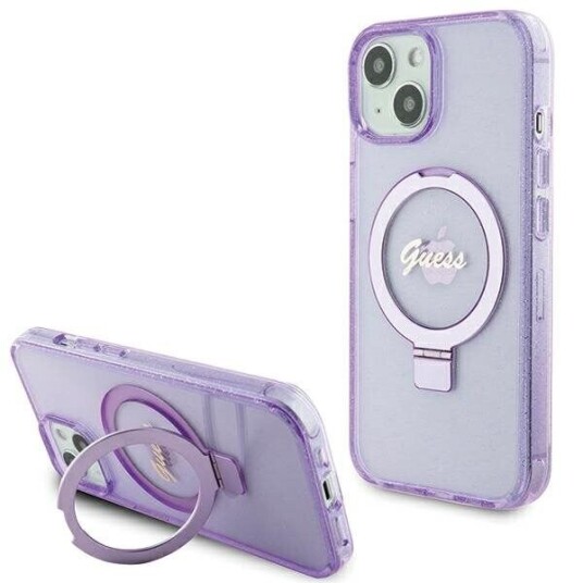 Originalt Frontpaneldeksel Guess Guhmp15mhrsgsu For Iphone 15 Plus (Magsafe / Glitter Script-Logo / Ringstativ / Lilla)