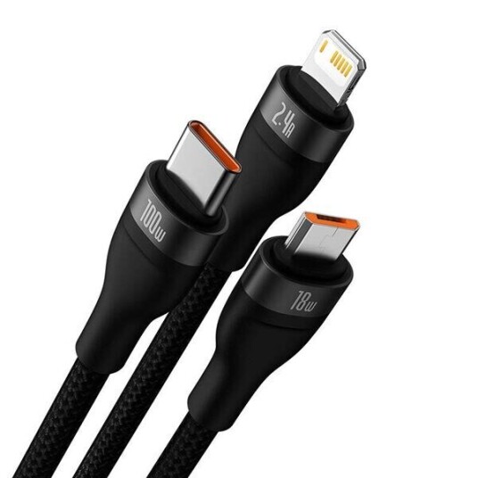 Baseus Flash Series 3-i-1 USB-kabel 100W 1,2m USB-C, micro USB, Lightning - Svart Baseus Flash Series 3-i-1 USB-kabel 100W 1,2m USB-C, micro USB, Lightning - Svart