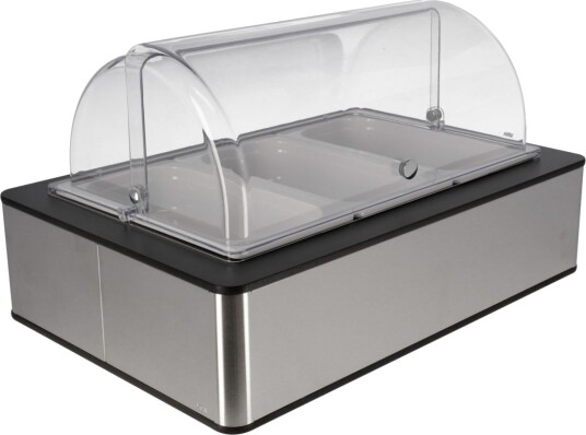 VEGA Buffetdisplay Fundale  høy, 6,5 cm, 3 x GN 1/3, melamin, med rolltopp, inkl kjøleelement; GN 1/1, 63x42.5x33.9 cm (LxBxH); Stålgrå/Antrasitt/Hvit/Transparent; Rektangulær