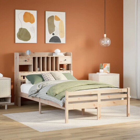 Seng med bokhylle uten madrass 120x190 cm heltre furu 8721158610386