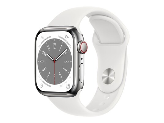 Apple Watch Series 8 (Gps + Cellular) - 41 Mm - Sølv Rustfritt Stål - Smartklokke Med Sportsbånd - Fluorelastomer - Hvit - Båndbredde: Regular - 32 Gb - Wi-Fi, Lte, Bluetooth, Uwb - 4G - 42.3 G