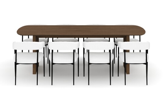 Bark Richeto Spisebord 240 cm med 8 Velma Spisestoler Røkt eik / Hvit Bouclé