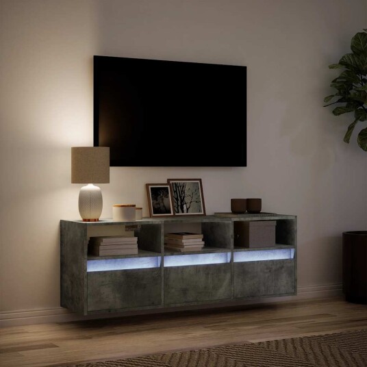 Vegghengt TV-benk med LED-lys betonggrå 130x31x45 cm Vegghengt TV-benk med LED-lys betonggrå 130x31x45 cm
