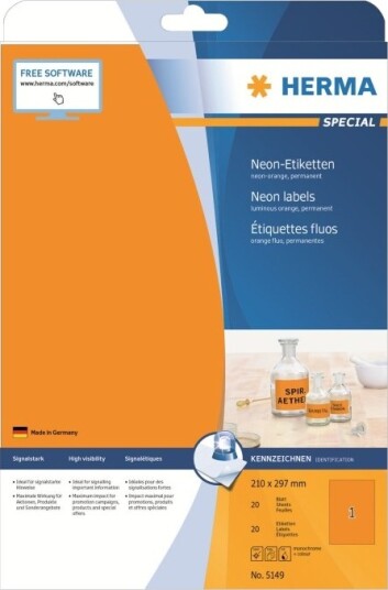 Herma Special Papir Matt Permanent Selv-Adhesiv Luminøs Oransje A4 210 X 297 Mm 20 EtikettEr Fluorescerende Etiketter 5149
