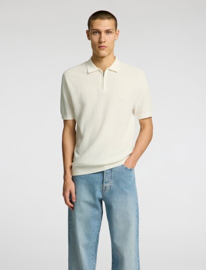 Selected Slmcran Ss Knit Structure Zip Polo Noos   Cream   XXL
