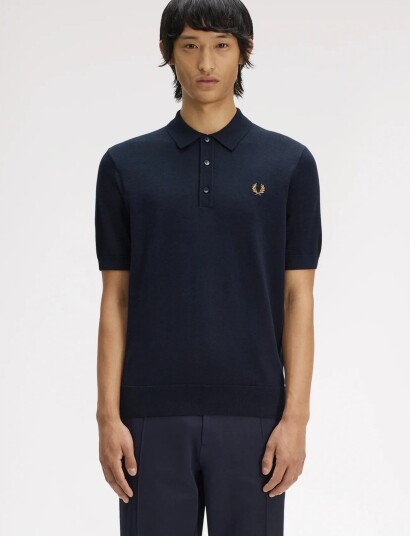 Fred Perry Cotton Knitted Shirt Navy L Fred Perry Cotton Knitted Shirt Navy L