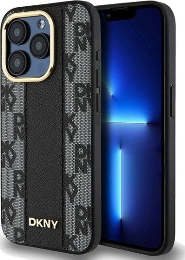 DKNY MagSafe iPhone 15 Pro Max-etui i skinn med rutete ensfarget mønster - svart