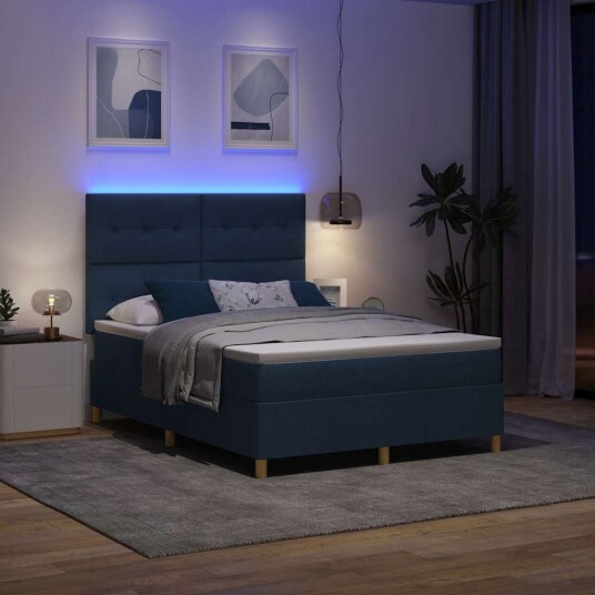  Box Spring Seng med Madrass & LED Blå 140x190 cm Tøy