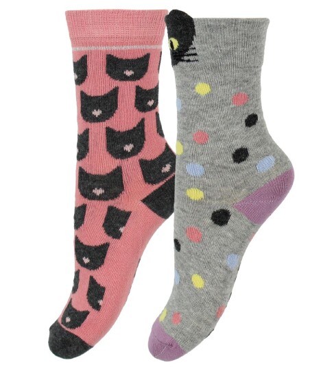 Melton Sokker 2 pack Grå Melert/Rosa m. Kat 15/16 Sokker