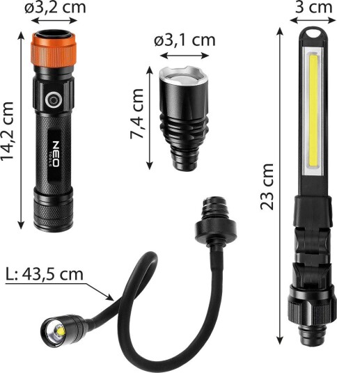 NEO Tools Arbeidslampe 99-107 3-i-1 Med Utskiftbare Hoder 350 lm, IP44, USB-C