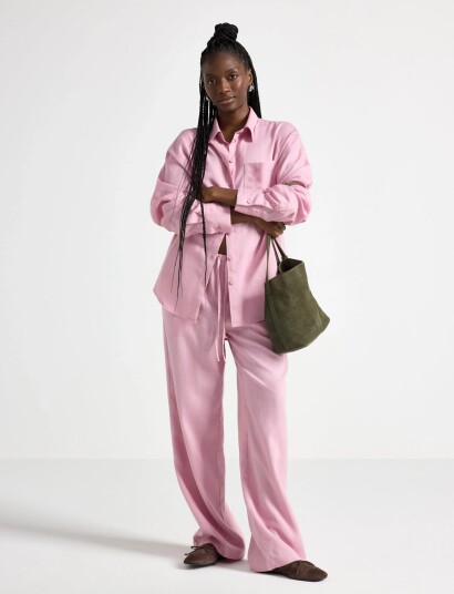 Lindex Wide Trousers In Linen Blend Pink M