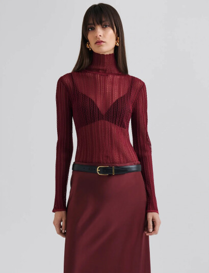 Malina Zelie Sheer Knitted Turtleneck Top - Pink - L