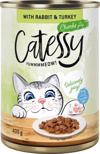 Catessy Våtfôr Biter I Saus Eller Gelè Med Kanin Og I Saus Kalkun 12 X 400 G
