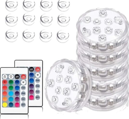 6 stk. nedsenkbare LED lys 10 LED undervannslys 16 RGB farger med 12 sugekopper og 1 RF fjernkontroll for dam akvarium SPA basseng hage