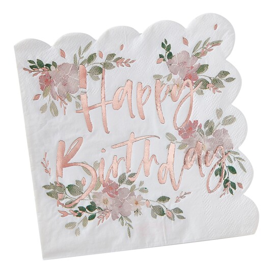 Ginger Ray Servietter Happy Birthday Roségull Blomster - 16-pakning