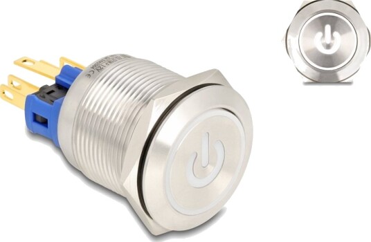 Delock - Push Button - For 22 Mm Installation, 6 X Solder Connection, White Led Power Symbol And Ring - Panelmonterbar - Ac 230 V - Sølv