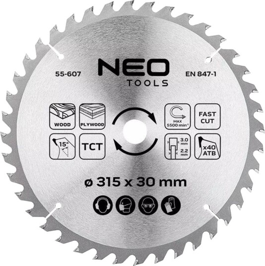 NEO Tools 55-607 Sirkelsagblad - 315x30mm, 40 tenner, inkl. reduksjonsringer