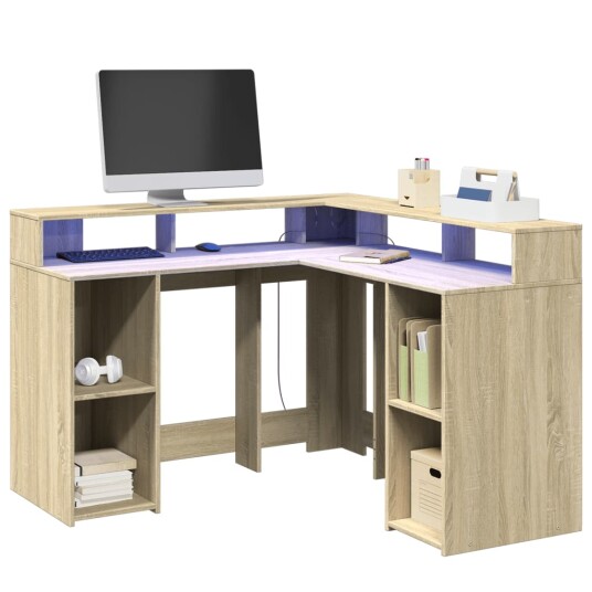 Skrivebord med LED-lys sonoma eik 130x130x91 cm konstruert tre