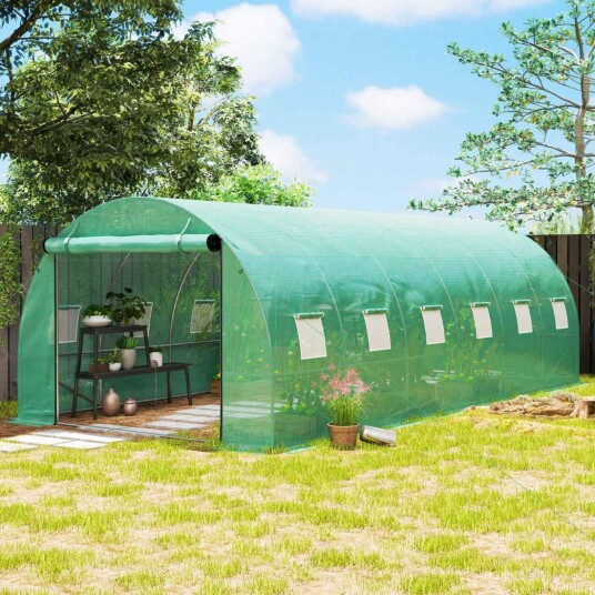 Drivhus ca. 6 x 3 x 2 m filmdrivhus med 12 vinduer, rulledør, opprullbare sidevegger, UV-bestandig filmtunnel, vintertett tomath Drivhus ca. 6 x 3 x 2 m filmdrivhus med 12 vinduer, rulledør, opprullbare sidevegger, UV-bestandig filmtunnel, vintertett tomath
