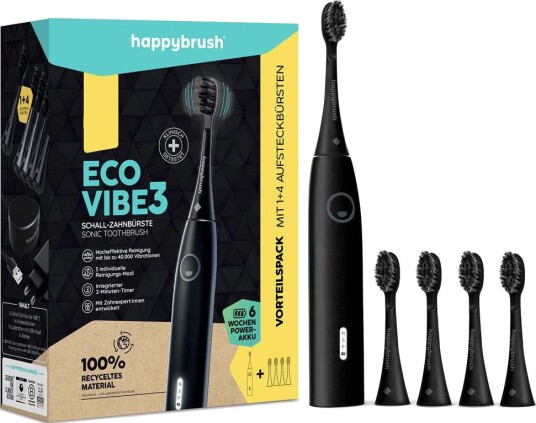 Happybrush ECO VIBE 3 Elektrisk Tannbørste Startsett Inkl. 4 Børstehoder Svart