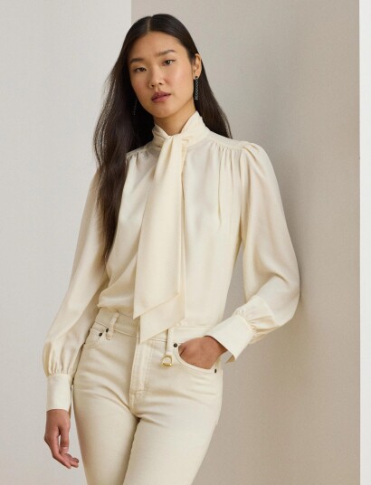 Lauren Ralph Lauren Georgette Tie Neck Blouse Cream XXL