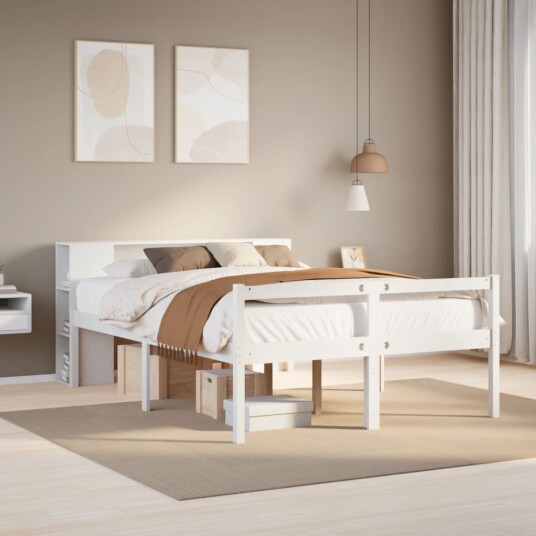  Seng med bokhylle uten madrass hvit 135x190 cm heltre furu 8721158607515