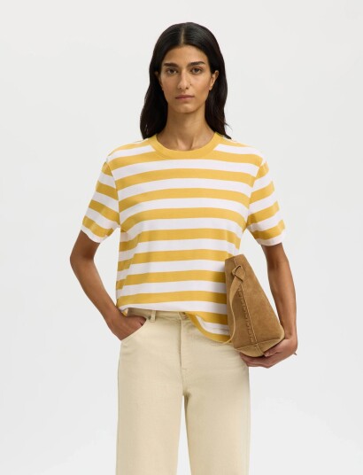 Selected Slwessential Ss Striped Boxy Tee Noos Yellow M