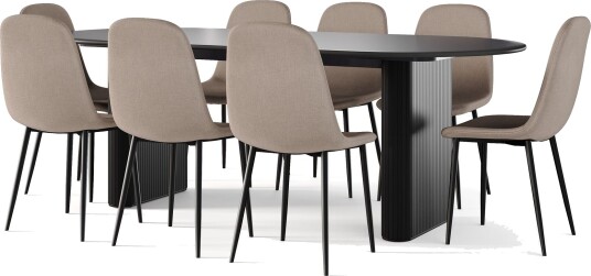 Noira Ovalt Spisebord 220 cm Svart + 8 Nibe stol brun med svarte ben - Svart/Brun