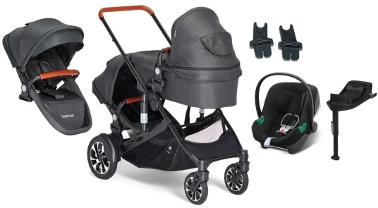 Beemoo Maxi 4 Twin Søskenvogn Inkl. Søskensete &  Cybex Aton B2 Babybilstol &  Base Black/Volcano Black