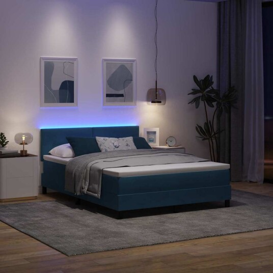 Box Spring Seng med madrass og LED Mørk Blå 140x190 cm Fløyel 3342654