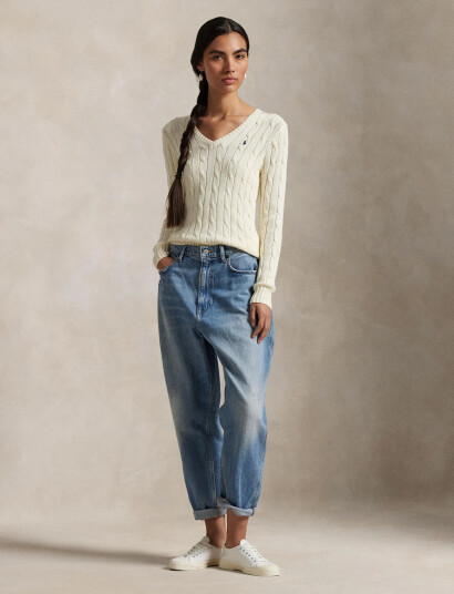 Ralph Lauren Polo Cable Knit Cotton V Neck Sweater Cream S
