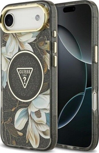 GUESS IML Glitter Flowers Triangle MagSafe case for iPhone Air - black